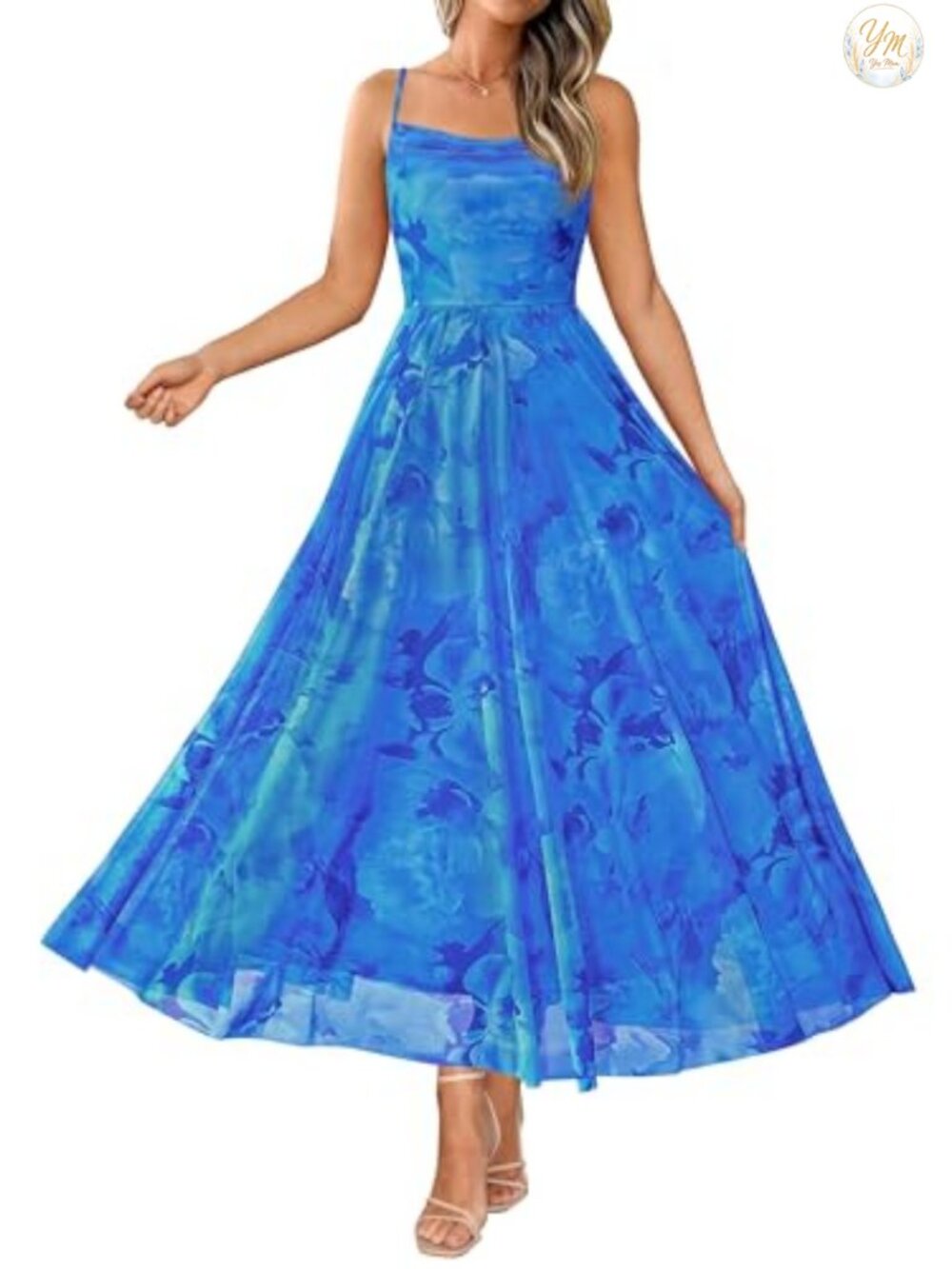 Elegant Sleeveless Maxi Dress Cowl Neck Floral A-Line Mesh